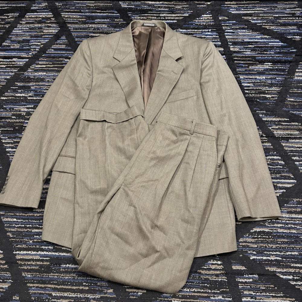 Stafford Mens Glen Plaid Tan 2 Piece Suit Jacket & Pants 42R 36x28 100% Wool